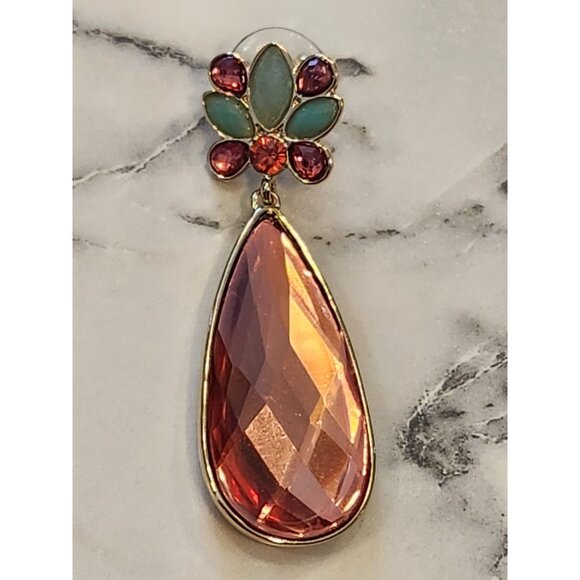 Gloria Vanderbilt Gold-Tone Pink Teardrop Earrings Green & Pink Crystal Floral - Picture 4 of 5
